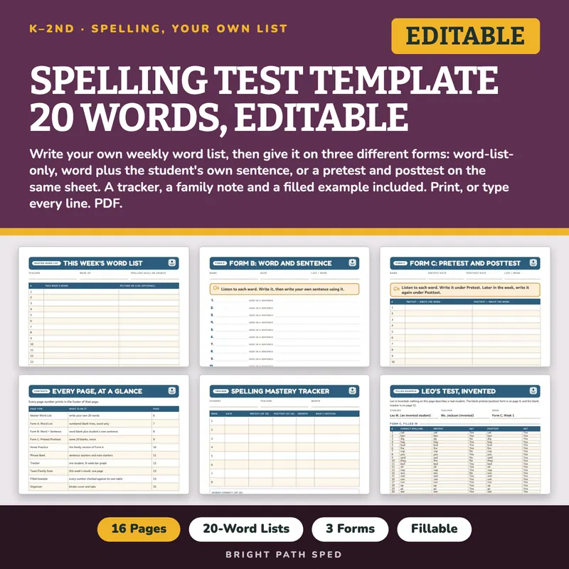 Spelling Test Template 20 Words Editable, image 1 of 4