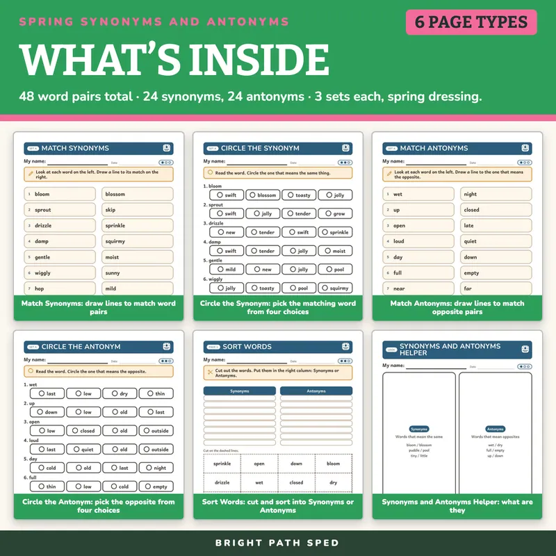 Spring Synonyms and Antonyms Worksheets, image 2 of 4