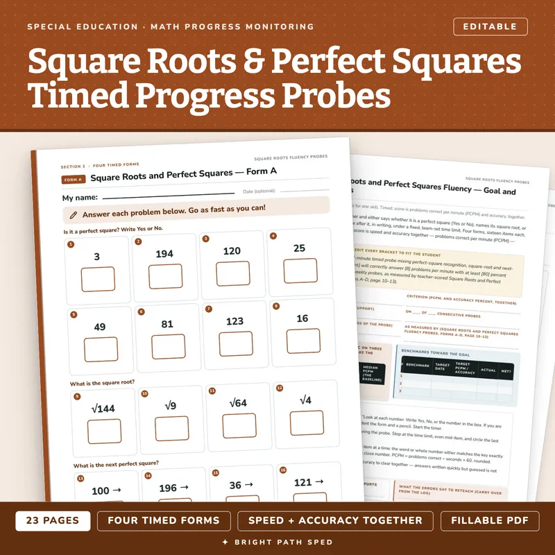 Square Roots and Perfect Squares Fluency, Timed Progress Monitoring Probes, image 1 of 4