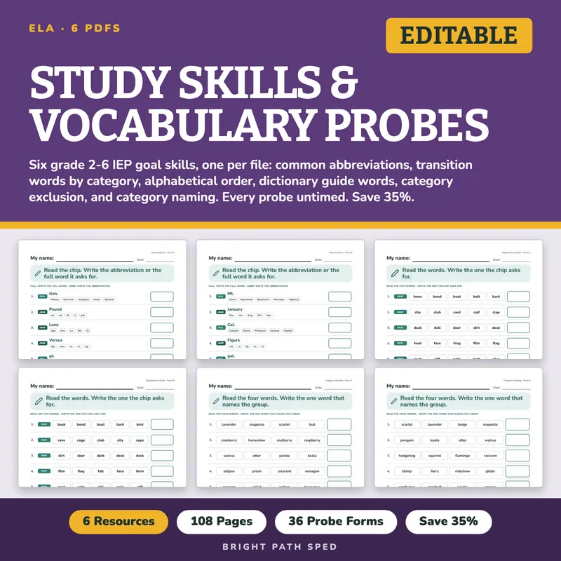 Study Skills and Vocabulary Progress Monitoring Probes Bundle, image 1 of 3