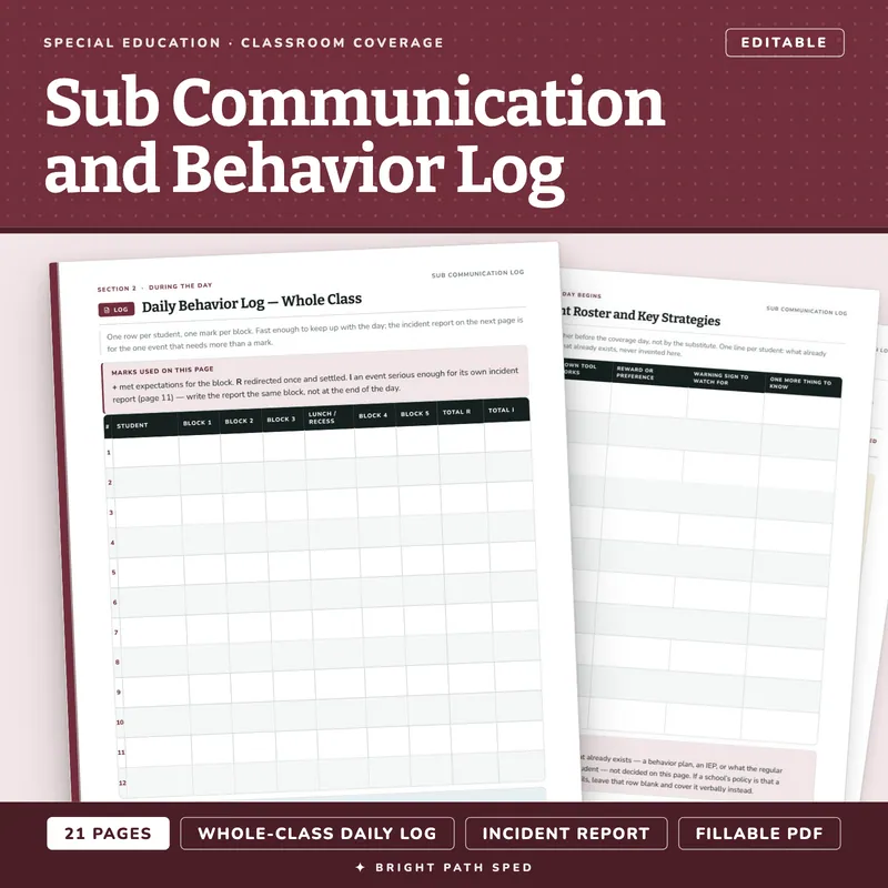 Substitute Teacher Classroom Management and Communication Log Editable, image 1 of 4