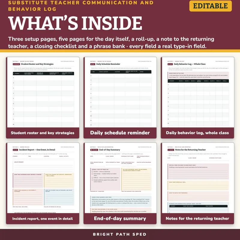 Substitute Teacher Classroom Management and Communication Log Editable, image 2 of 4