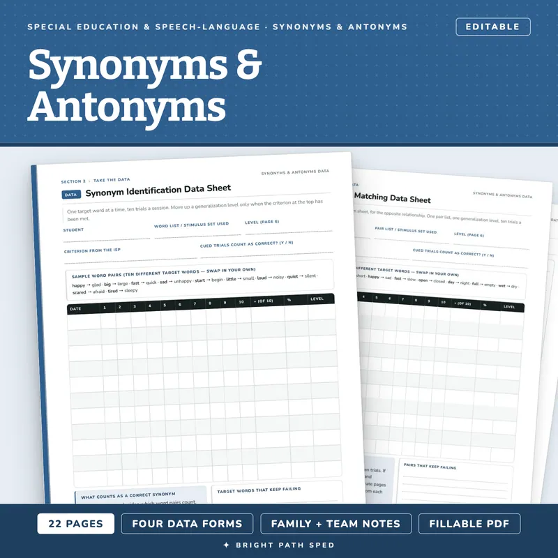 Synonyms and Antonyms Progress Monitoring Data Sheets Editable, image 1 of 4