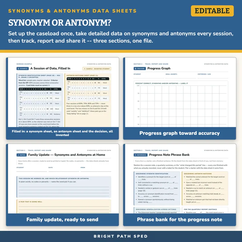 Synonyms and Antonyms Progress Monitoring Data Sheets Editable, image 3 of 4