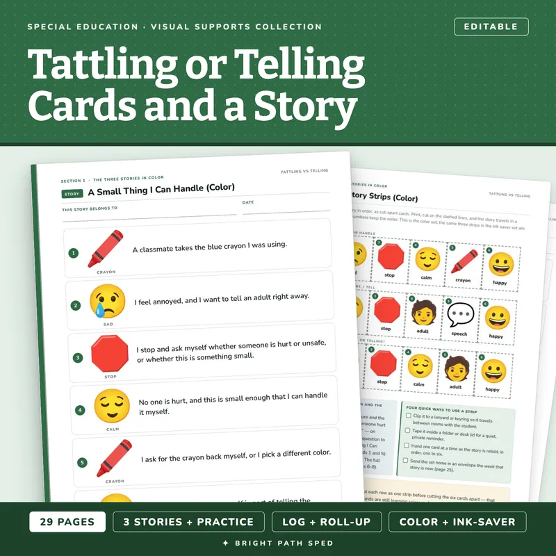 Tattling vs Telling Picture Cards and Social Story, image 1 of 4