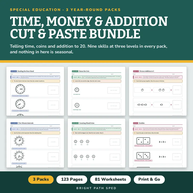 Telling Time Money Addition to 20 Cut and Paste Bundle 3 Levels SPED Math, image 1 of 3