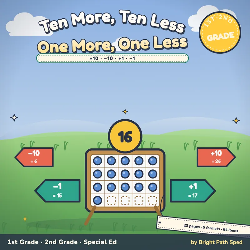 Ten More, Ten Less, One More, One Less Worksheets, image 1 of 4