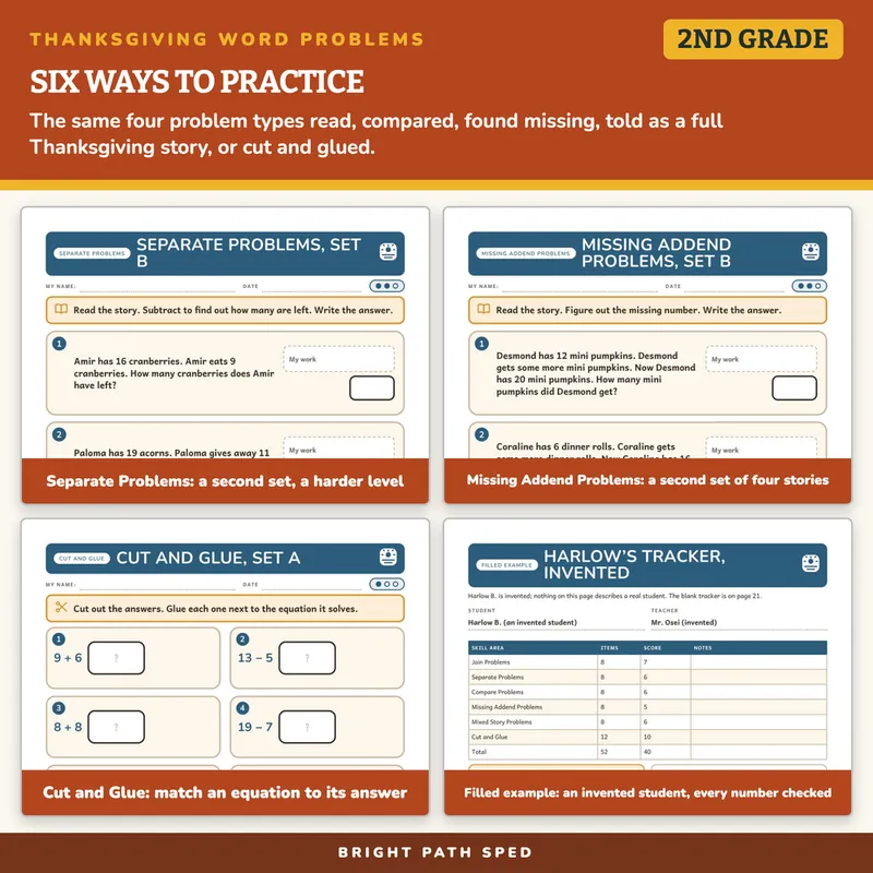 Thanksgiving Addition and Subtraction Word Problems Worksheets, image 3 of 4