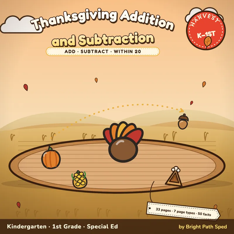 Thanksgiving Addition and Subtraction Worksheets Within 20, K-1st, image 1 of 4