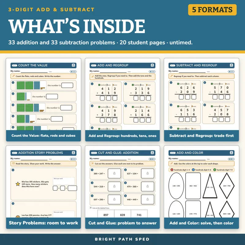 Three-Digit Addition and Subtraction Worksheets, image 2 of 4
