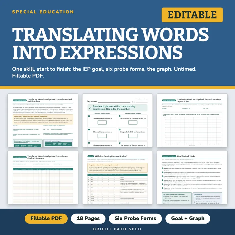 Translating Words into Algebraic Expressions Progress Monitoring Probes, image 1 of 4