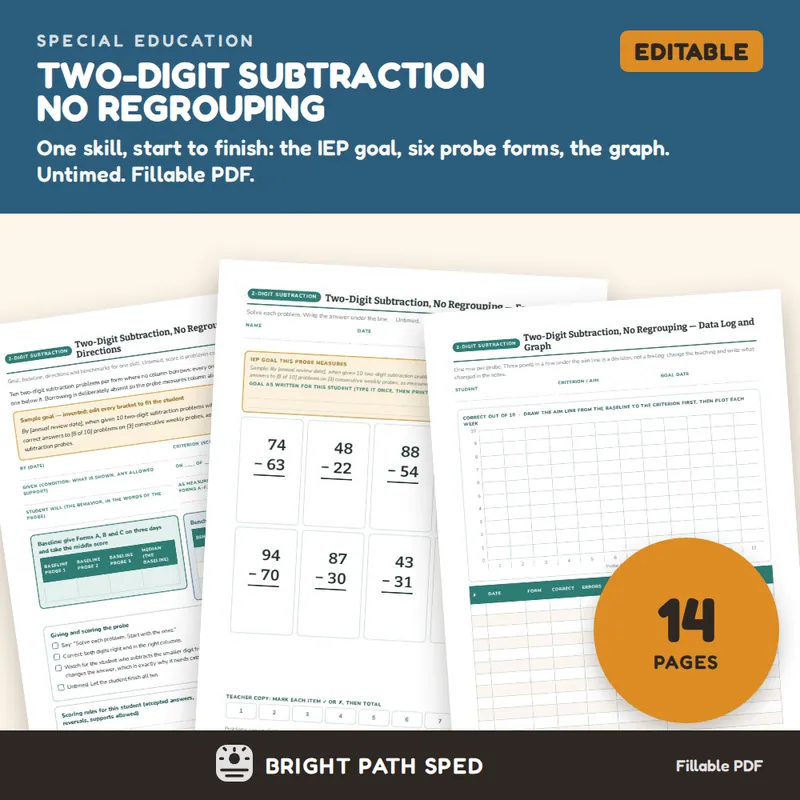Two Digit Subtraction No Regrouping Progress Monitoring Probes, image 1 of 4
