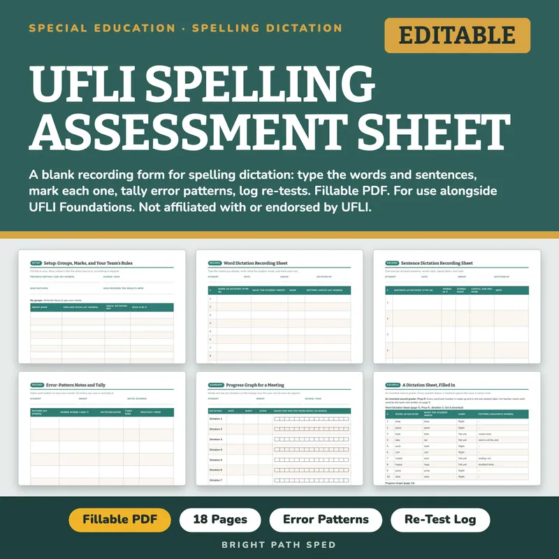 UFLI Spelling Assessment Sheet Editable, image 1 of 4
