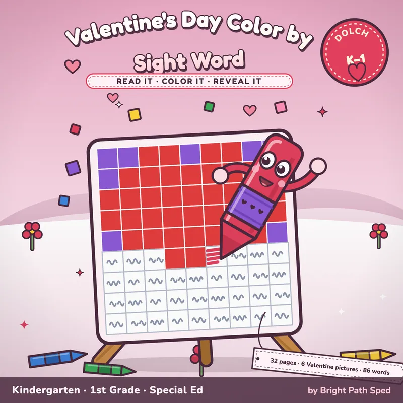 Valentine's Day Color by Sight Word Worksheets, image 1 of 4