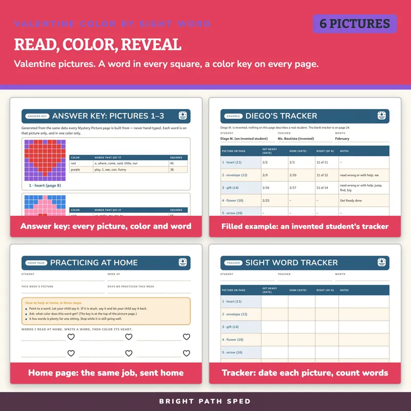 Valentine's Day Color by Sight Word Worksheets, image 3 of 4