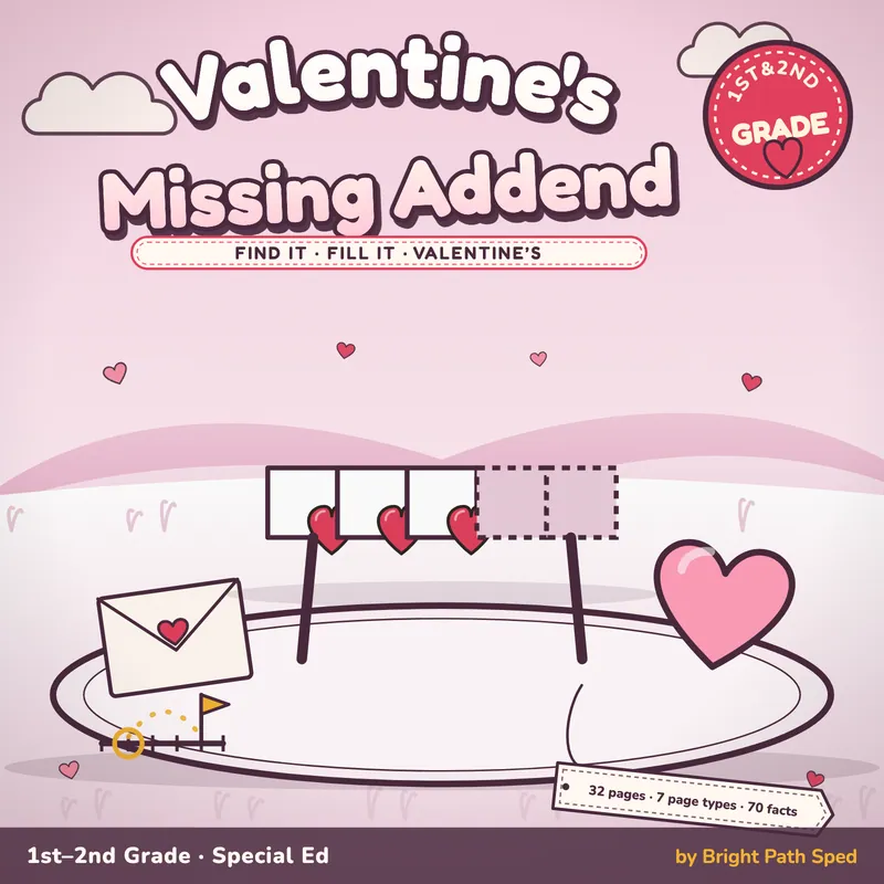 Valentine's Day Missing Addend Worksheets Within 20, image 1 of 4