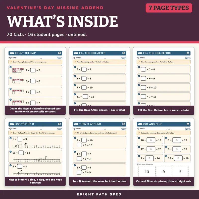 Valentine's Day Missing Addend Worksheets Within 20, image 2 of 4