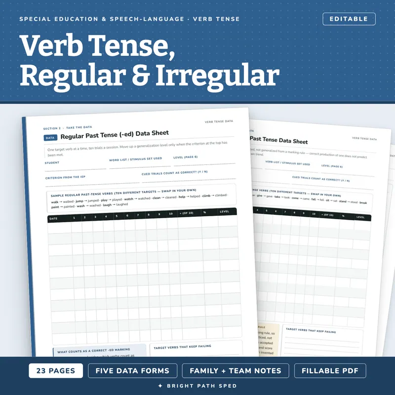 Verb Tense Regular and Irregular Progress Monitoring Data Sheets Editable, image 1 of 4