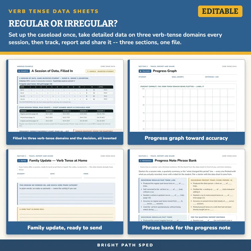Verb Tense Regular and Irregular Progress Monitoring Data Sheets Editable, image 3 of 4