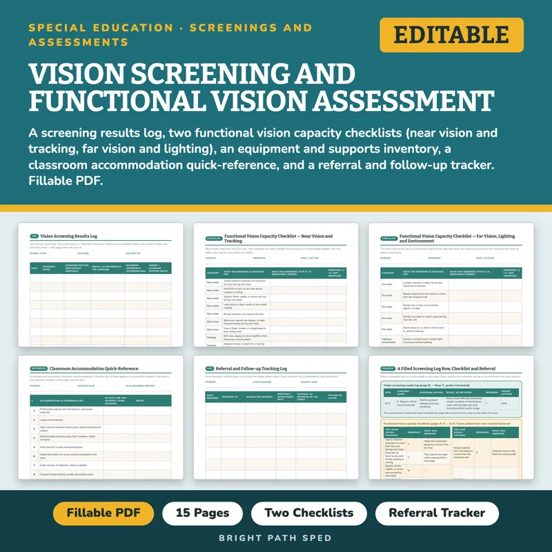 Vision Screening and Functional Vision Assessment Data Sheets Editable, image 1 of 4