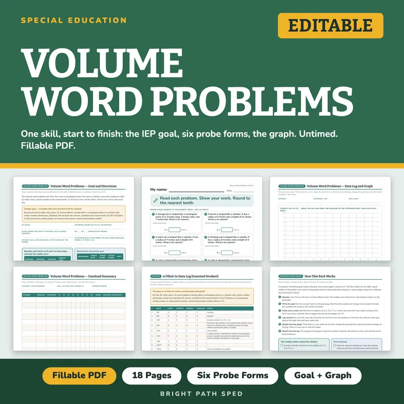 Volume Word Problems Progress Monitoring Probes, image 1 of 4