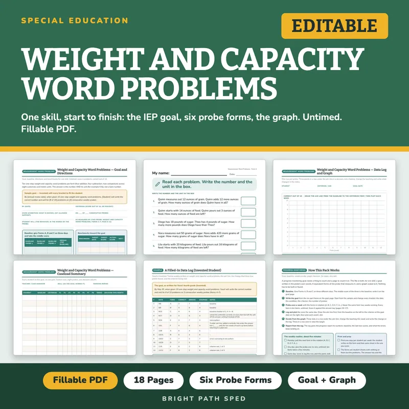 Weight and Capacity Word Problems Progress Monitoring Probes, image 1 of 4