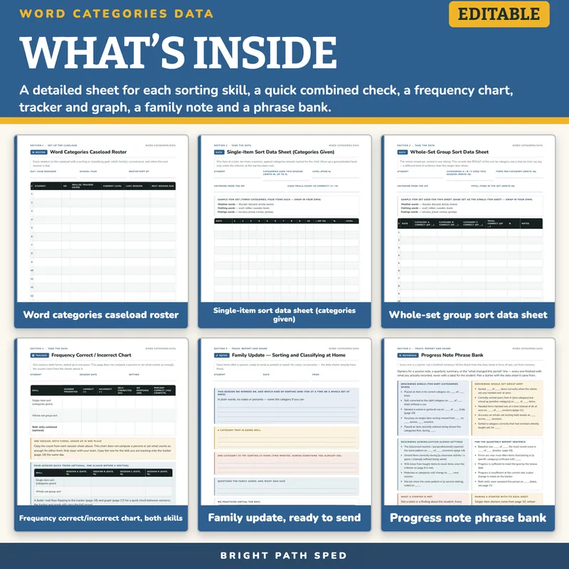 Word Categories Sorting and Classifying Progress Monitoring Data Sheets Editable, image 2 of 4