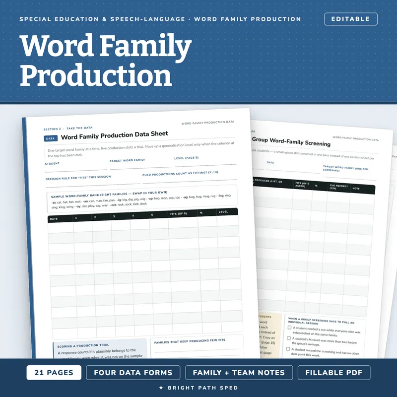 Word Family Production Progress Monitoring Data Sheets Editable, image 1 of 4