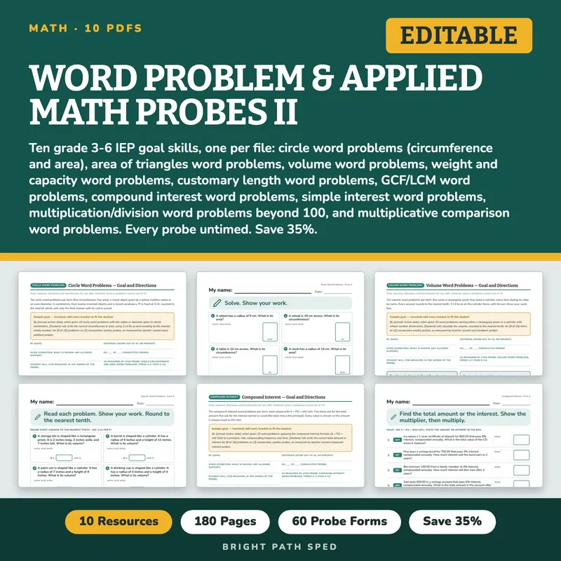 Word Problem and Applied Math Progress Monitoring Probes Bundle II, image 1 of 3