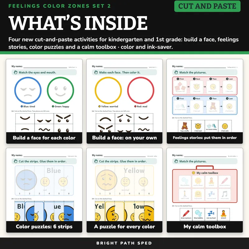 Zones of Regulation Activities Cut and Paste Kindergarten 1st Grade Set 2, image 2 of 4